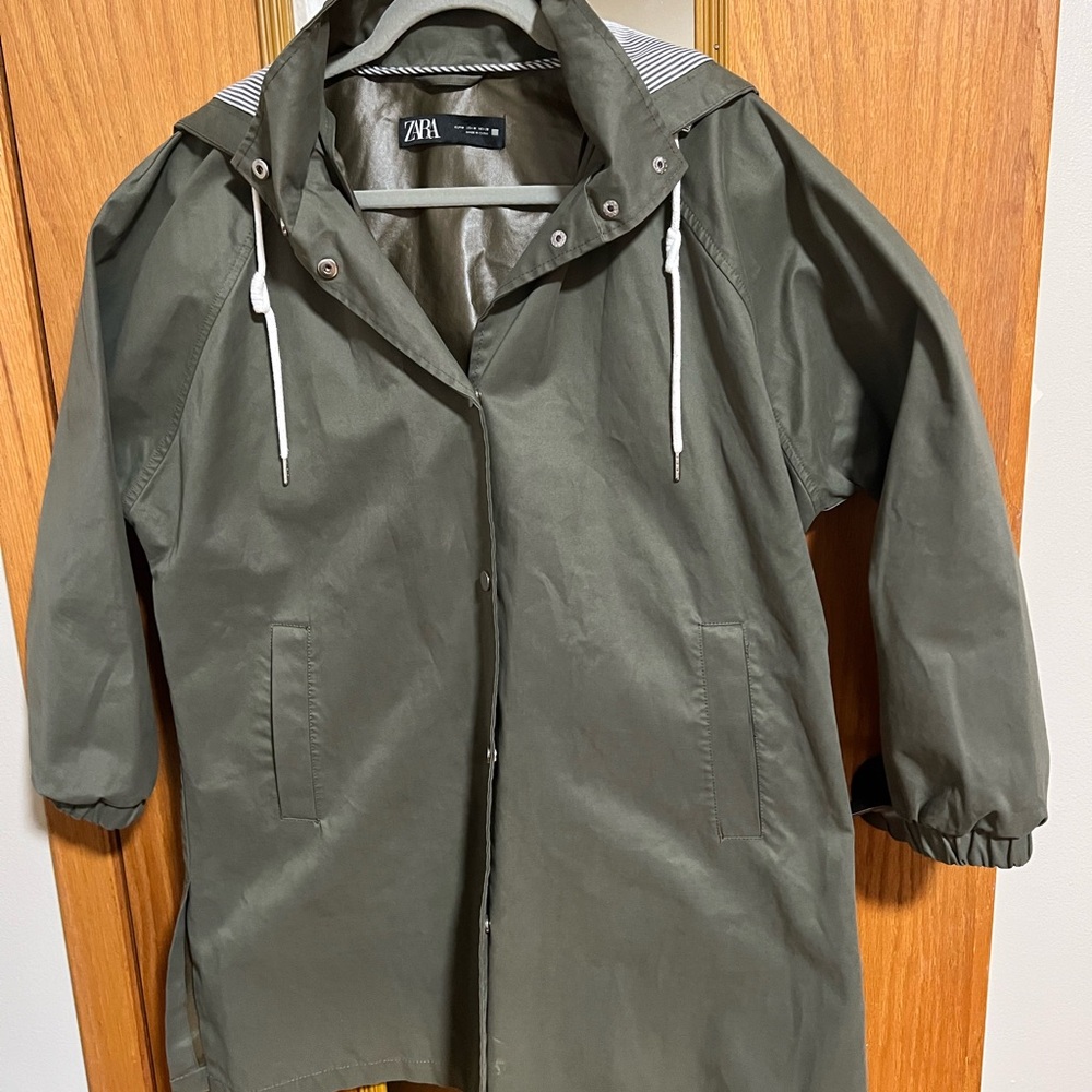Zara Olive Green Hooded Parka with Drawstrings